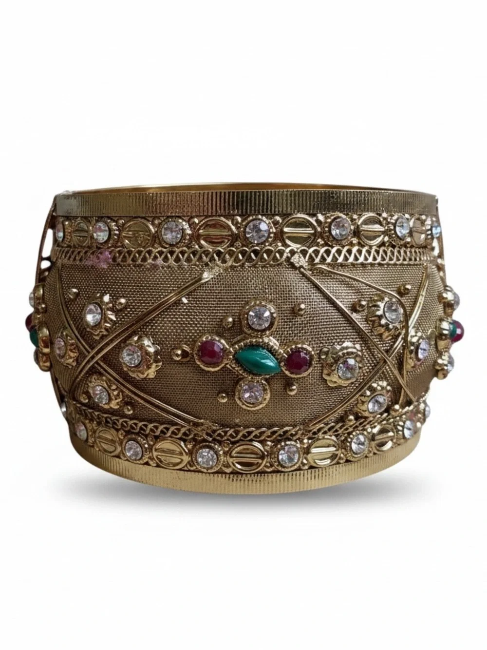 Vintage Etruscan Style Gold Tone Wide Cuff Bracelet Rhinestone Cabochon